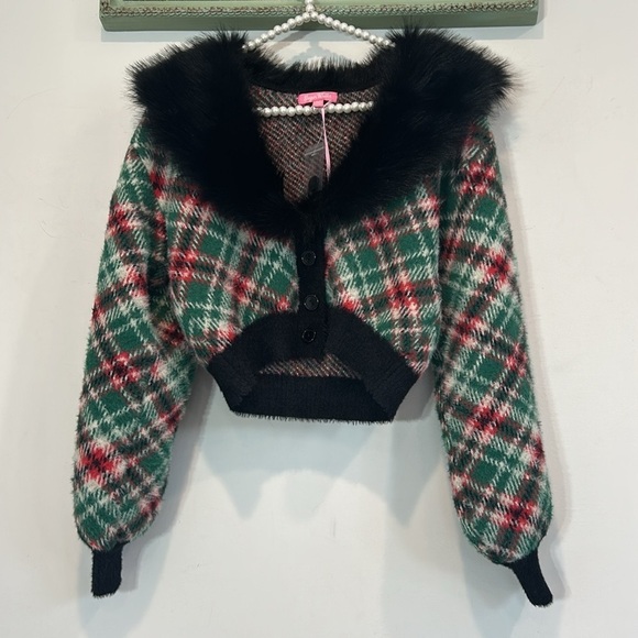 Sugar Thrillz Holiday Party Cardigan Sweater faux fur trim new size xs women’s - Picture 2 of 4
